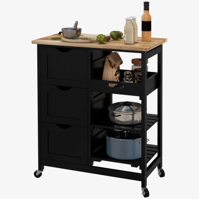 HOMCOM Kitchen Cart on Wheels, Rolling Kitchen Island Cart with Wood Top, 3 Drawers and Shelves for Home Dining Area, Black