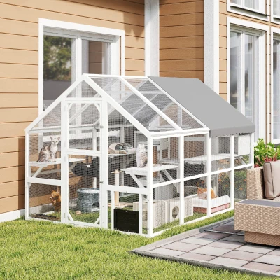 PawHut Wooden Outdoor Catio with Cover, Condos & Platforms, White