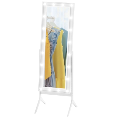HOMCOM Free Standing Mirror with Lights and Adjustable Angles 60" x 18" Floor Mirror with Frame for Bedroom Living Room, White