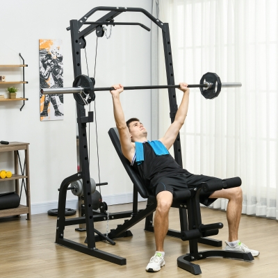 Soozier Smith Machine, Multi-Functional Power Cage w/ Adjustable Bench, Barbell Bar, Cable Pulley System, 15-Level Squat Rack