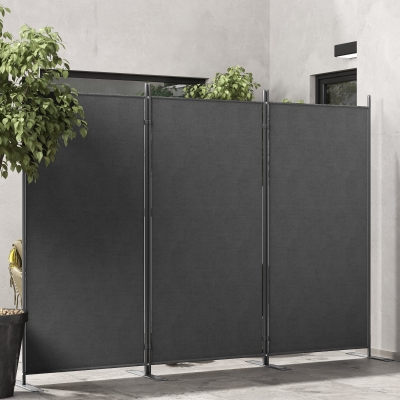 Outsunny 3 Panel Folding Outdoor Privacy Screen, 5.8FT Tall Room Divider with UV30+ Protection, Freestanding Privacy Panel Partition with Stable Base for Indoor Outdoor, Dark Grey