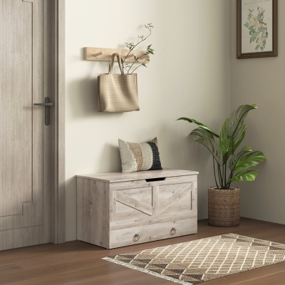 HOMCOM 31.5 Inches Storage Chest, Storage Trunk with 2 Safety Hinges for Living Room, Grey Wood Grain