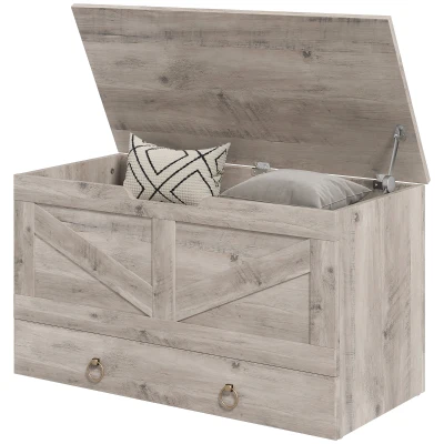 HOMCOM 31.5 Inches Storage Chest, Storage Trunk with 2 Safety Hinges, Wooden Box for Living Room, Grey Wood Grain