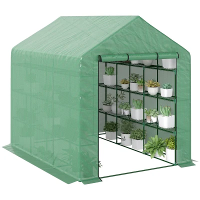 Outsunny 8' x 6' x 7' Portable Walk-In Greenhouse Hot House with 18 Shelves,  Water/UV Resistant Weather Cover, & Roll Up Door