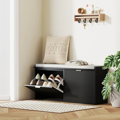 HOMCOM Shoe Storage Bench with Cushion and Flip-Drawer, Black