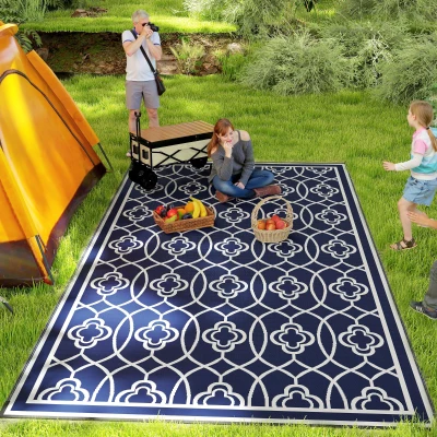 Outdoor Rug 215.7" x 107.9" x 0.12" Blue and White Lantern