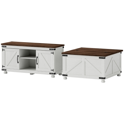 HOMCOM TV Stand and Coffee Table Set, TV Console Table for up to 50" TV , Center Table with Hinged Lift Top , Distressed White