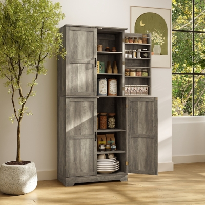 HOMCOM Farmhouse Kitchen Pantry Cabinet, Kitchen Cabinet with Barn Doors, Adjustable Shelves and Door Racks, Distressed Grey