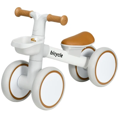 Qaba Toddler Balance Bike for 12–36 Months with Adjustable Seat, Removable Basket, 4 Silent Wheels, Brown
