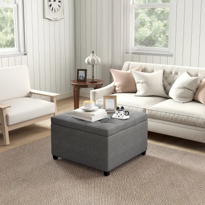 HOMCOM Round Tufted Storage Ottoman Bench with Flip Top, Gray