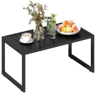Outsunny Outdoor Coffee Table, Patio Coffee Table with Slatted Tabletop, Adjustable Foot Pads for Garden, Patio, Lawn, Black