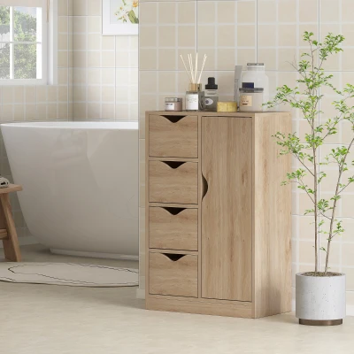 HOMCOM Oak Bathroom Storage Cabinet with 4 Drawers and Door
