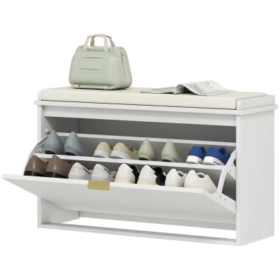 HOMCOM Entryway Bench with Padded Seat and Flip-Drawers, Holds up to 265lbs, Shoe Storage Bench for 8 Pairs of Shoes, White