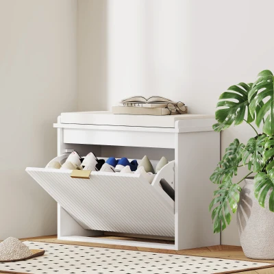 HOMCOM 24.4" Shoe Storage Bench with Cushion and Flip-Drawer, Black