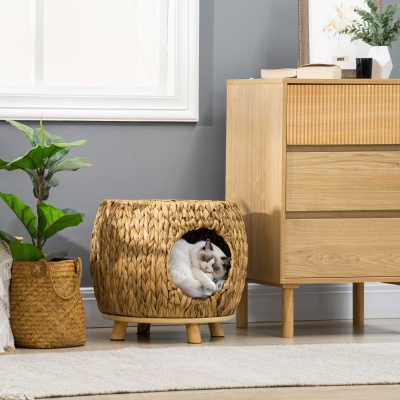 PawHut Wicker Cat Bed with Washable Cushion, Elevated Rattan Kitten Bed for Indoor Cats, Light Brown