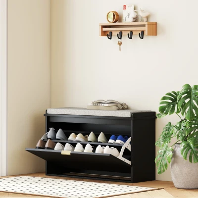 HOMCOM Shoe Storage Bench with Cushion and Flip-Drawer, Black