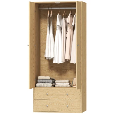 HOMCOM Modern Wardrobe Closet Armoire with 2 Drawers and Hanging Rod, Clothes Storage Organizer for Bedroom, Natural Wood