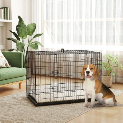PawHut 41" Dog Crate with 2 Doors, Folding Metal Dog Cage with Soft Cushion, Removable Tray, Handle, for Small Dogs, Black