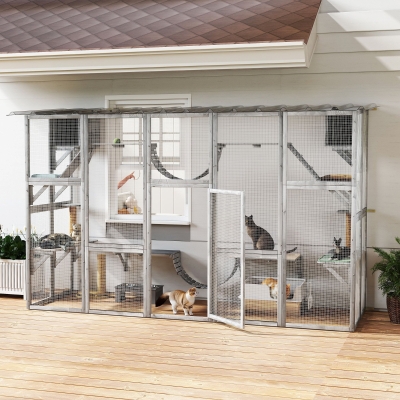 PawHut Large Outdoor Catio with Condos, Platforms, Doors, Ladders, Weather-Resistant Roof, Grey