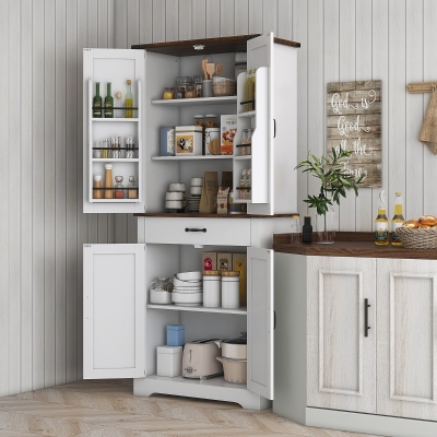 HOMCOM 71" Tall Kitchen Cabinet, Farmhouse Pantry Cabinet with Barn Doors, Drawer and Adjustable Shelves, White