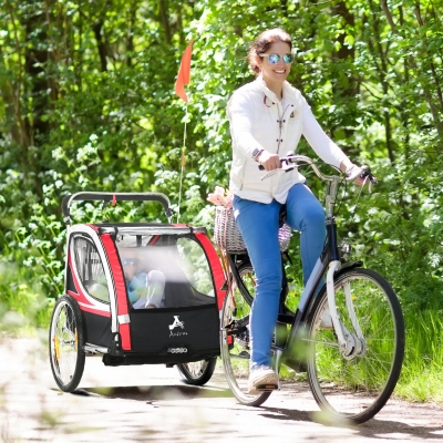Aosom 2-in-1 Double Baby Jogging Stroller, Bike Trailer for Kids & Toddlers with Handbrake, 5 Point Harness, Waterproof Cover, Storage Bag, Safety Flag, Reflectors, Red