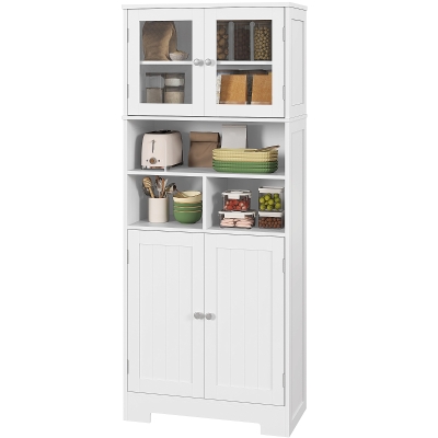 HOMCOM 57" Kitchen Pantry, Freestanding Pantry Storage Cabinet with Glass Doors, Adjustable Shelves, Open Compartments, White