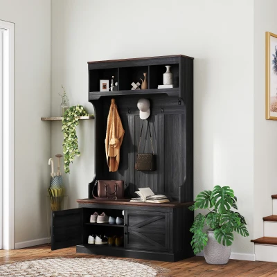 HOMCOM 3-in-1 Hall Tree with Bench, Shoe Storage & Hooks, Black