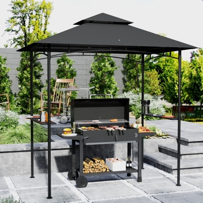 Outsunny 8' x 5' Outdoor Grill Gazebo, Double Tiered Barbecue Grill Gazebo Shelter with 2 Side Shelves, Hooks, Dark Grey