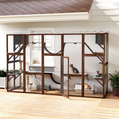 PawHut Large Outdoor Catio with Condos, Platforms, Doors, Ladders, Weather-Resistant Roof, Espresso