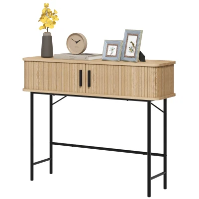 HOMCOM Mid-Century Narrow Console Table with Slatted Tambour Sliding Doors, Entryway Table with Steel Legs, Oak and Black