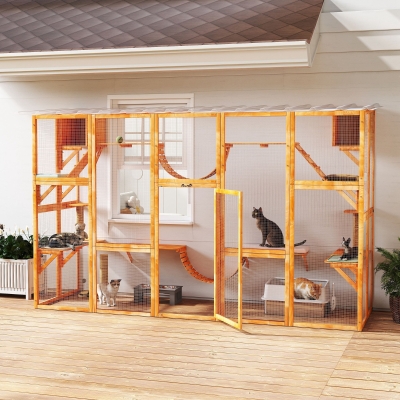 PawHut Large Outdoor Catio with Condos, Platforms, Doors, Ladders, Weather-Resistant Roof, Orange