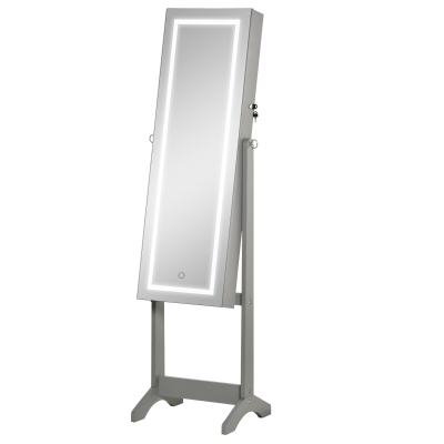 HOMCOM Lockable Jewelry Armoire with LED Light, Standing Mirror with Storage for Bedroom Dressing Room, Grey