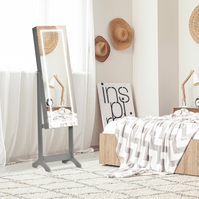 HOMCOM Lockable Jewellery Armoire with LED Light, Standing Mirror with Storage for Bedroom Dressing Room, Grey