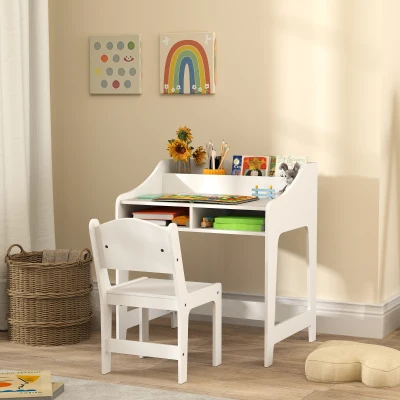 Qaba Kids Desk & Chair Set with Storage, for Bedroom, White
