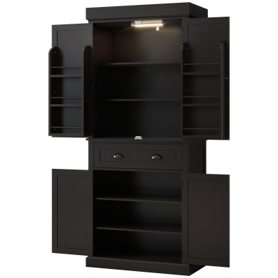 HOMCOM 71" Kitchen Pantry Cabinet with LED Lights, 6 Spice Racks, a Drawer and 4 Adjustable Shelves, Black