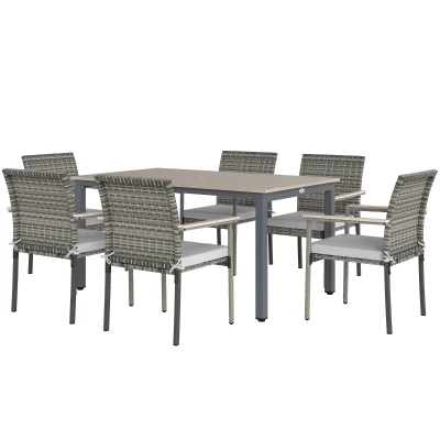 Outsunny 7 Pieces Wicker Outdoor Furniture Set, Rattan Patio Dining Set with Cushions, Umbrella Hole for Garden Backyard, Grey