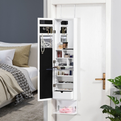 HOMCOM Mirror Jewellery Cabinet Armoire, Jewellery Organizer with 18 LED Lights, Wall-Mounted and Over-The-Door Cabinet with 3 Mountable Heights, Drawer and Open Shelf, White