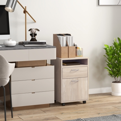 HOMCOM 24" Small Filing Cabinet with Open Compartment, Drawer and Wheels, Home Office Storage Cabinet, Oak