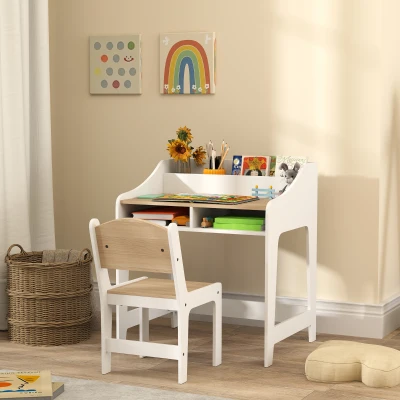 Qaba Kids Desk & Chair Set with Storage, for 3-8 Years, Natural Wood