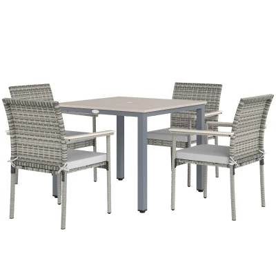 Outsunny 5 Pieces Wicker Outdoor Furniture Set, Rattan Patio Dining Set with Cushions, Umbrella Hole for Garden Backyard, Grey