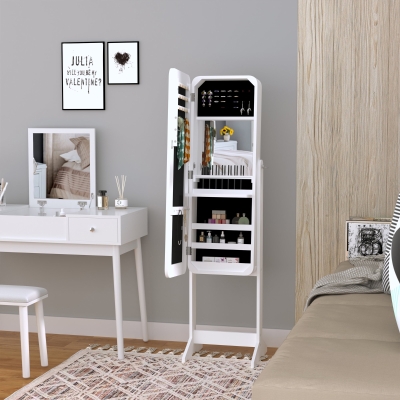 HOMCOM Freestanding Mirror Jewelry Cabinet Armoire, LED Lighted Jewelry Organizer with Stand, Angle Adjustable, White