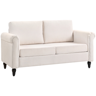 HOMCOM Vintage Loveseat, Upholstered Love Seat Furniture, Chenille-feel Fabric 2 Seater Sofa Couch with Rolled Arms, Gourd-Shaped Rubber Wood Legs for Living Room, Cream White