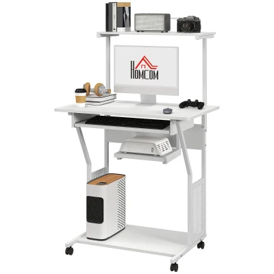 HOMCOM 32" Mobile Computer Table, Rolling Study Desk for Home Office with Keyboard Tray, Storage Shelves, Wheels, White