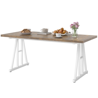 HOMCOM Farmhouse Kitchen Table for 8, Rectangular Dining Table with Thick Tabletop and Steel Trestle Legs, Brown and White