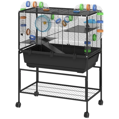 PawHut 3 Tier Rolling Hamster Cage with 7" Deep Tray, Storage Shelf, Big Exercise Wheel, Tube System, for Syrian, Gerbil, Rat