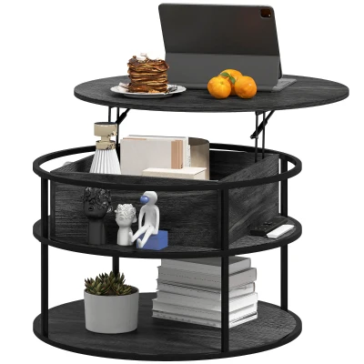 HOMCOM Lift Top Coffee Table, Round Coffee Table with Storage Shelf, Hidden Compartment and Steel Frame, Distressed Dark Grey