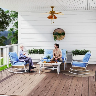 Outsunny 4-Piece Patio Set, Rocking Loveseat & Coffee Table, Blue