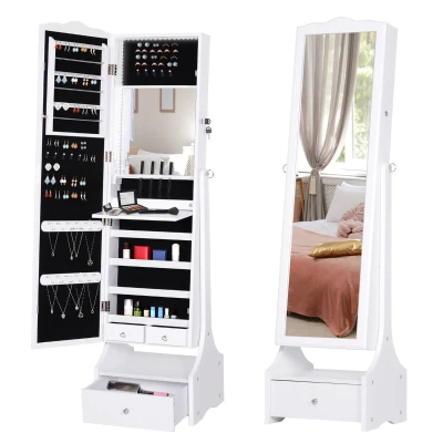 HOMCOM Standing Jewelry Cabinet Organizer Jewelry Armoire with LED Lights, Full Length Mirror, Adjustable Angle, White