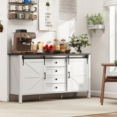 HOMCOM 59" Farmhouse Sideboard Cabinet with Barn Doors, White