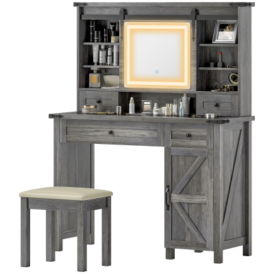 HOMCOM Vanity Desk Set with Mirror, Lights, Storage & Stool, Gray